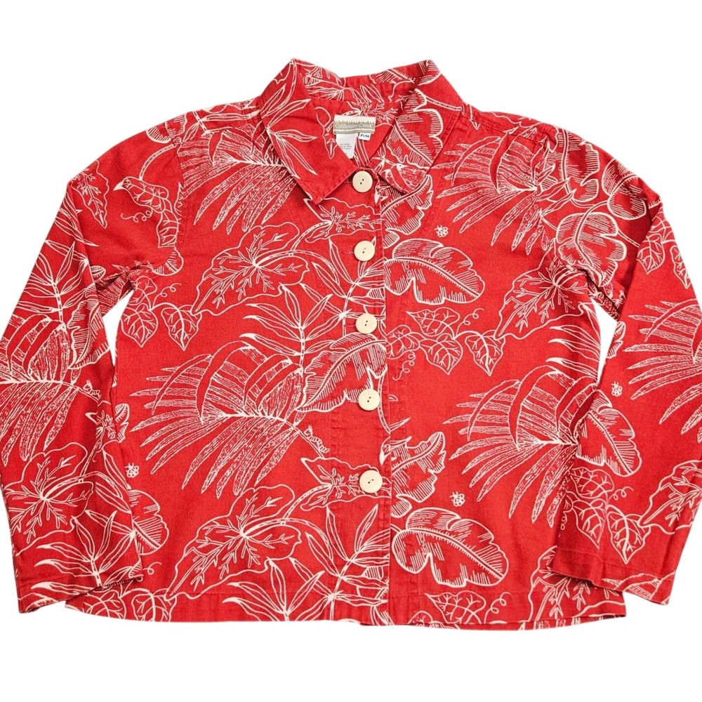 Tropical Hawaiian Shirt Womens Petite Medium Red Floral Print Coastal Resortwear